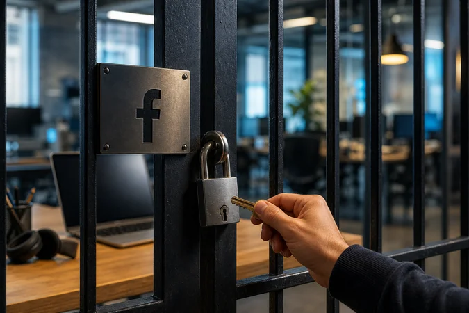 Candado con llave y logo de Facebook frente a espacio de desarrollo moderno