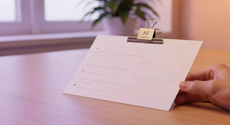 Carta blanca inclinada sobre mesa de madera logotipo en clip