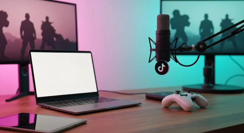 Configuracion de streaming moderna para TikTok con microfono laptop monitor