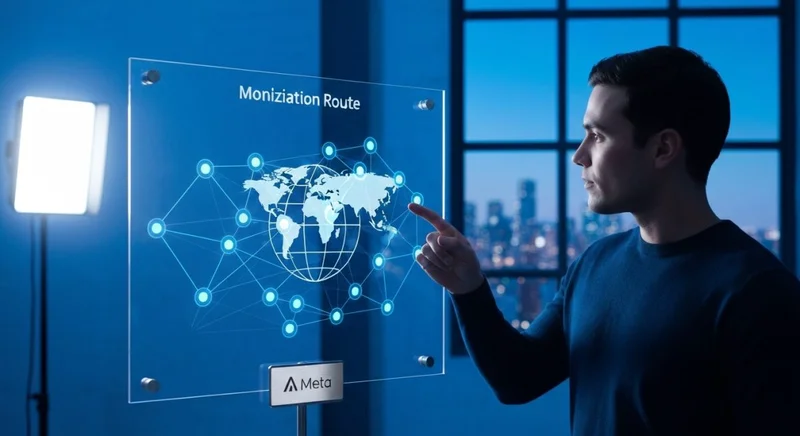 Creador de contenido analiza tablero acrílico transparente con logo Meta