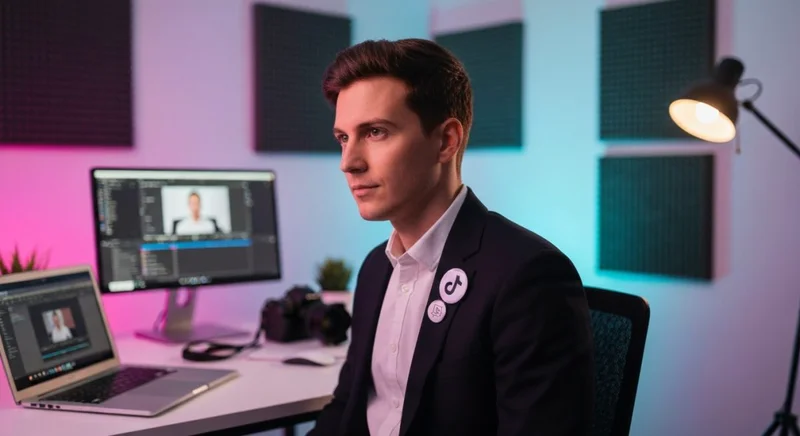 Creador de contenido en estudio moderno con pin TikTok visible