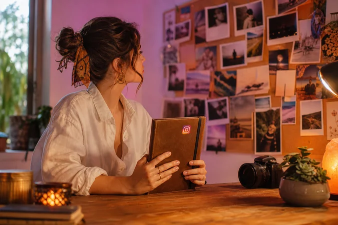 Creador de contenido frente a muro de Polaroid y Instagram