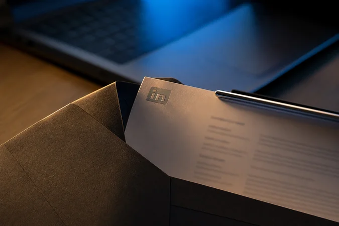 Currículum sobre carpeta con logo LinkedIn en escritorio minimalista moderno