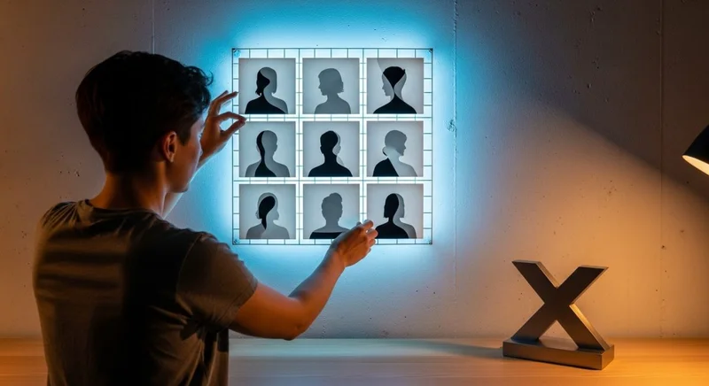 Diseñador ajusta rejilla 3x3 de fotos X con siluetas grises