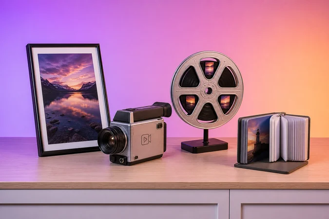 Escena bodegon Instagram con Fotos Videos Reels Stories visibles mesa