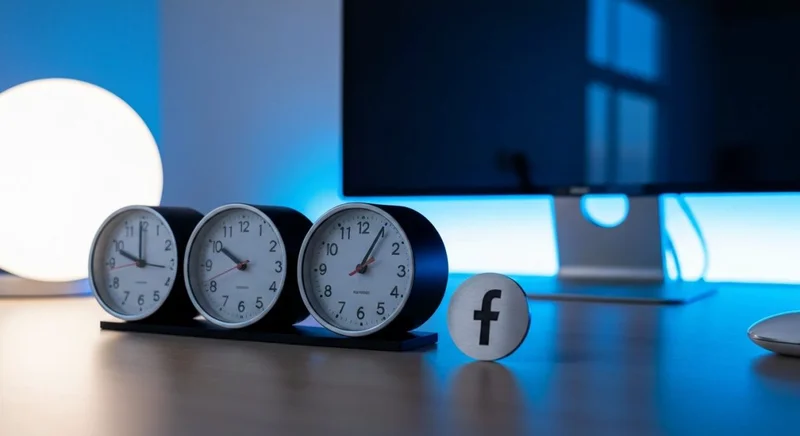 Escritorio con tres relojes analógicos y posavasos de Facebook
