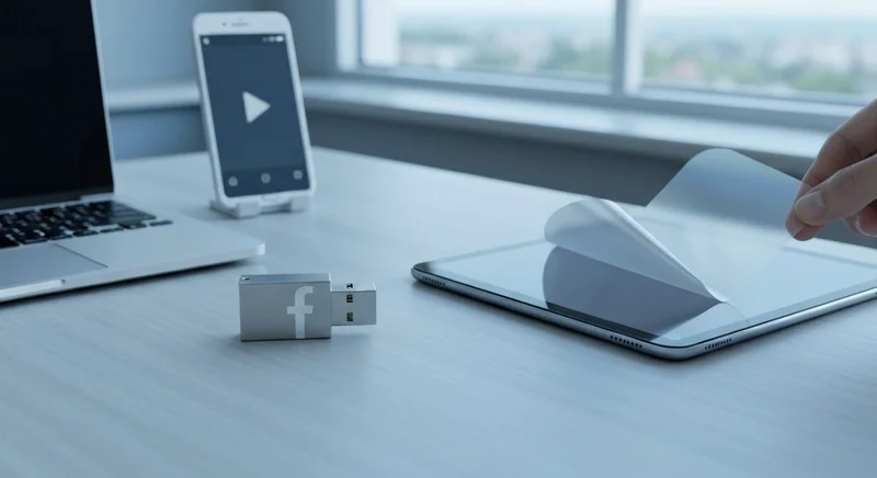 Escritorio minimalista con portátil plateado y tablet con logo Facebook