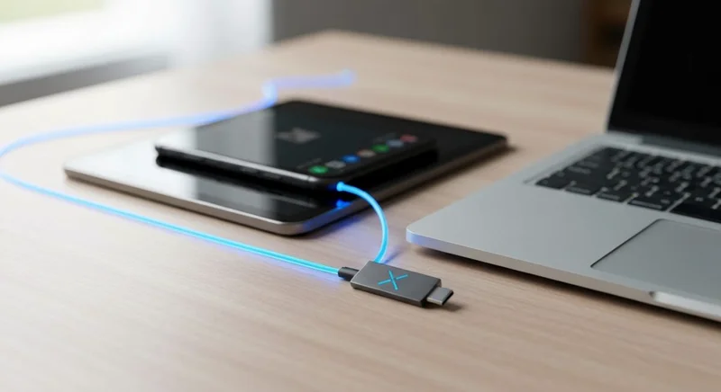 Escritorio minimalista con teléfono tableta USB C llavero logo X