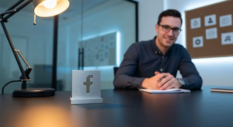 Estratega de marketing frente a escritorio moderno con logo Facebook