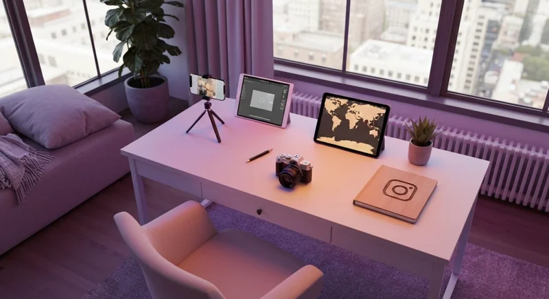 Estudio de edición en casa para Instagram con cuaderno Instagram