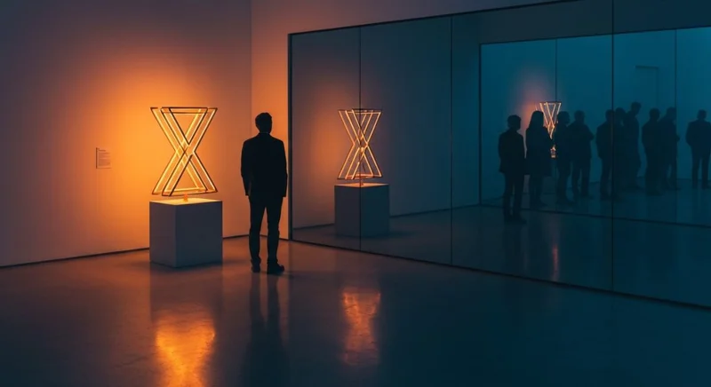 Figura en galería contempla escultura de cobre con logo X