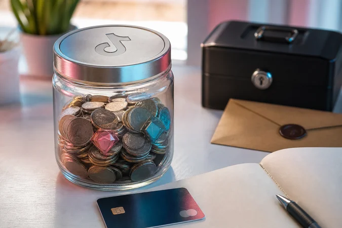 Frasco de monedas con logo TikTok grabado junto a tarjeta bancaria y cuaderno