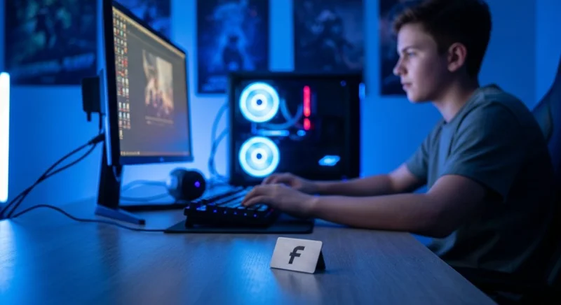 Joven gamer con monitor azul iluminado y tarjeta grabada f