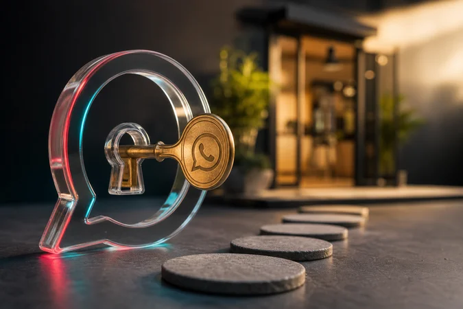 Llave de latón con logo de WhatsApp abriendo puerta acrílica hacia tienda moderna