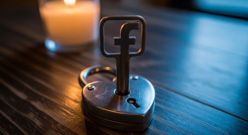Llave moderna con forma de logo de Facebook en candado antiguo