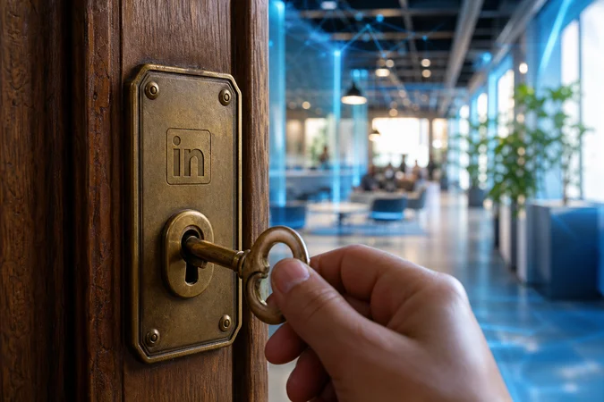 Mano girando llave de latón junto a placa LinkedIn grabada