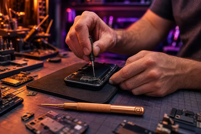 Manos de técnico reparando smartphone en banco con logo Instagram