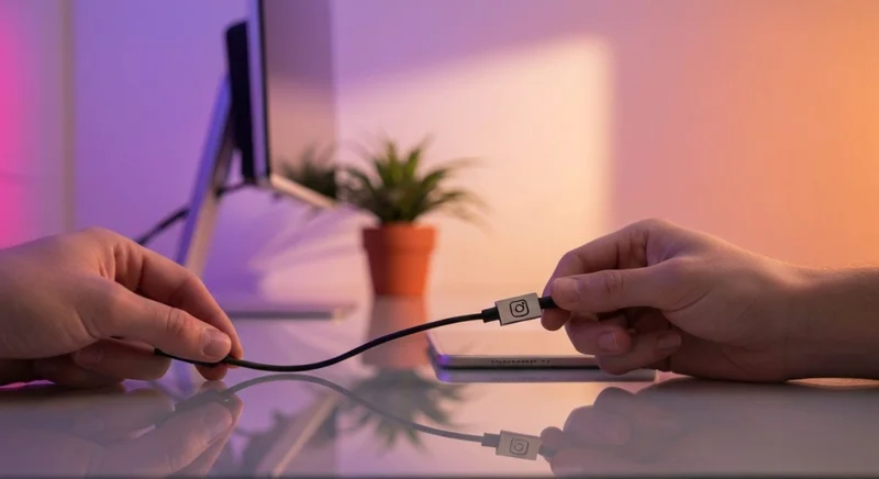 Manos desconectando cable USB C teléfono y tableta con Instagram