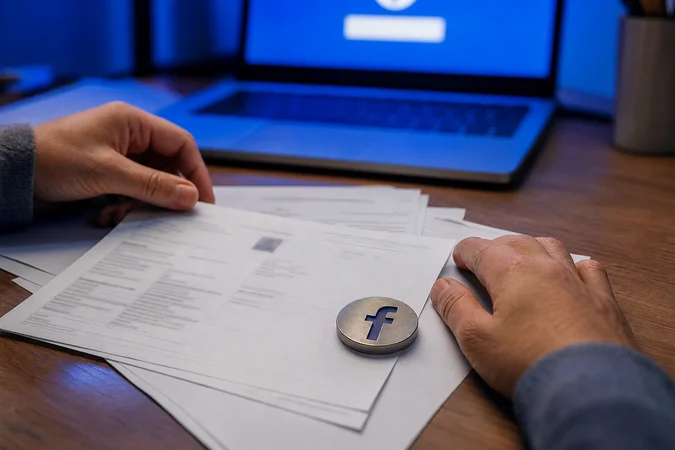 Manos organizando documentos oficiales con chapa de Facebook en escritorio