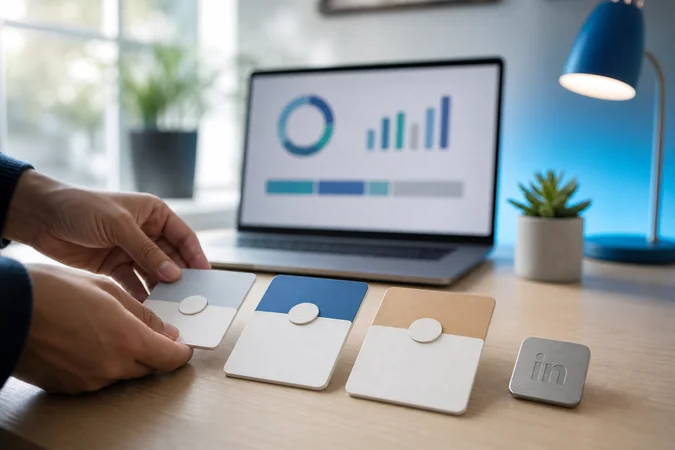 Manos organizando tarjetas táctiles de LinkedIn Premium con logo LinkedIn