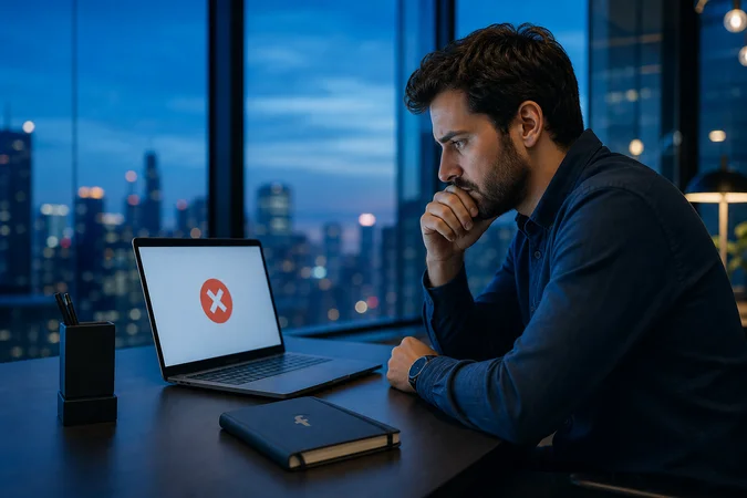 Mercadólogo digital solitario observa portátil con error de Facebook logo
