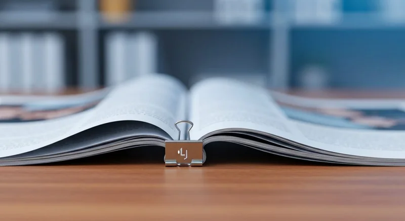 Páginas de revista fusionadas sobre escritorio de madera con clip