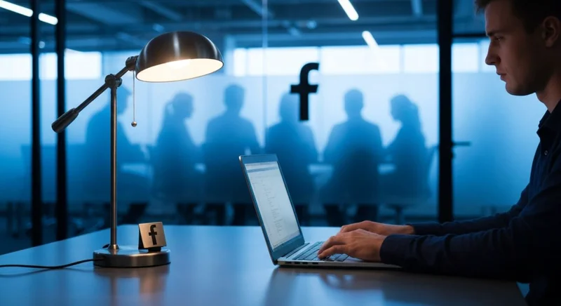 Persona anónima en escritorio moderno con logotipo de Facebook visible