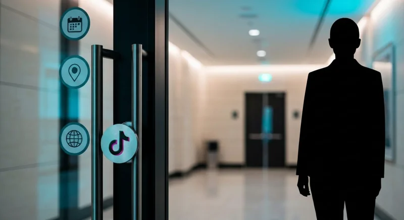 Persona ante puerta de vidrio de seguridad con insignias TikTok
