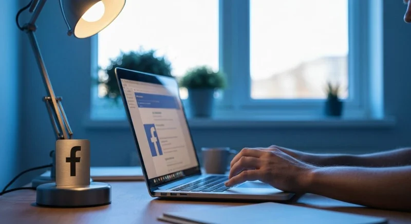 Persona cargando Facebook en portátil junto base lámpara logo Facebook
