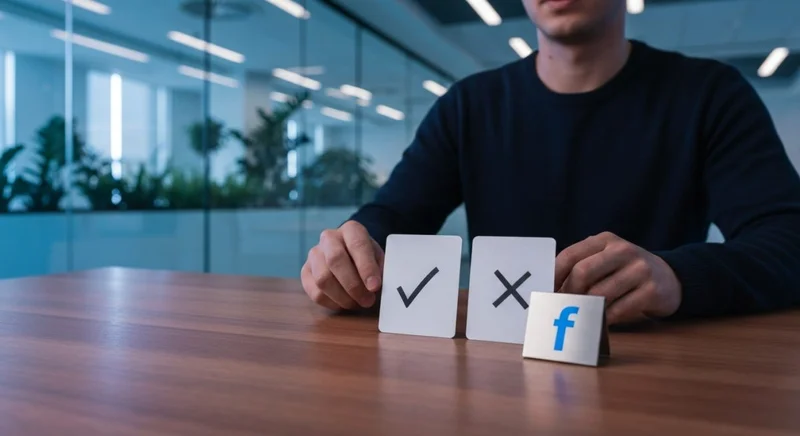 Persona en coworking con tarjetas de verificación y cruz Facebook