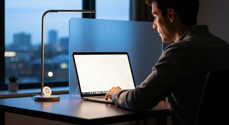 Persona en despacho con laptop apagada y panel de privacidad