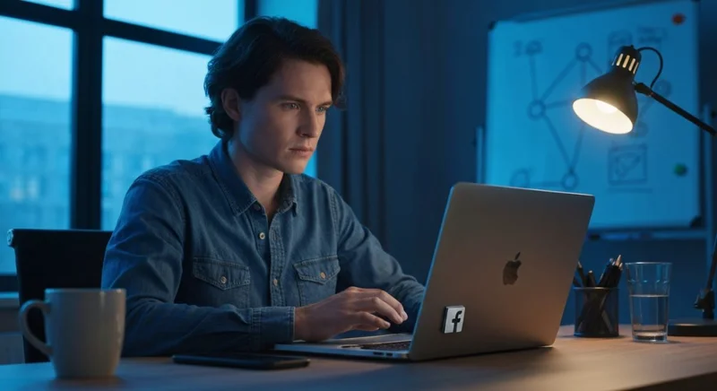 Persona en escritorio de casa mira portátil con logo Facebook