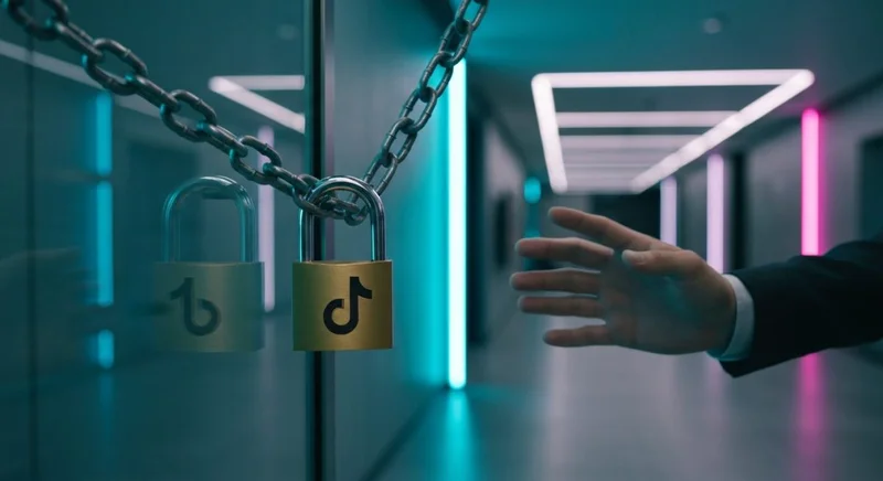 Persona en lobby corporativo alcanza puerta cristal cadena candado TikTok