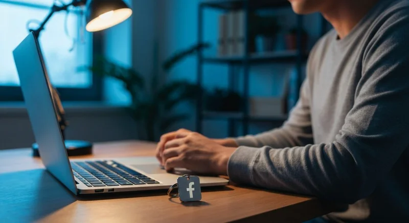 Persona en oficina casera con laptop y llavero de Facebook