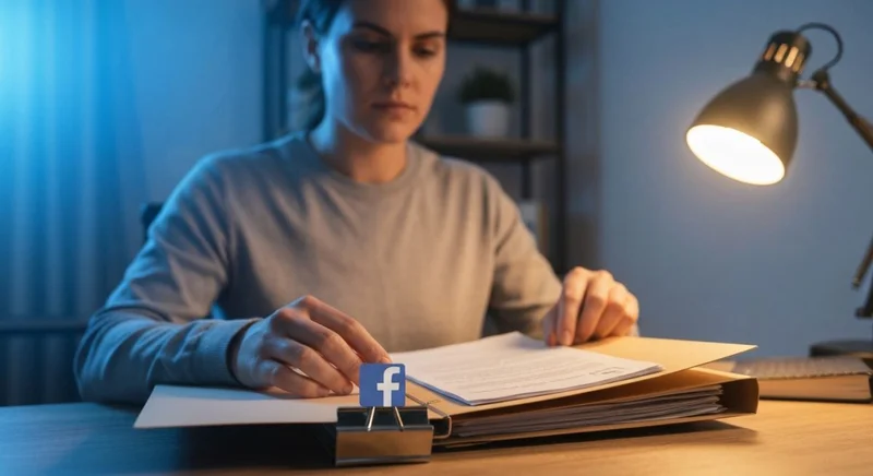 Persona en oficina casera ordena carpetas evidencia con clip Facebook