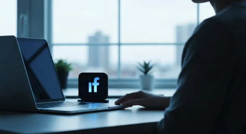persona en oficina hogareña minimalista cierra laptop frente logo Facebook