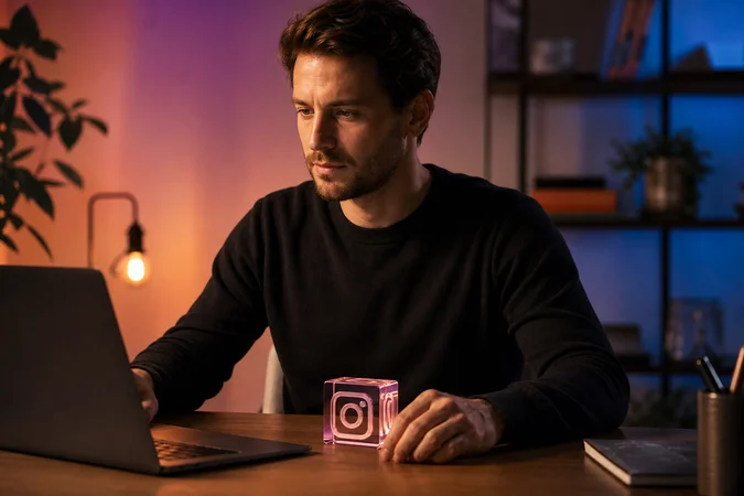 Persona en oficina hogareña mirando laptop junto bloque Instagram logo