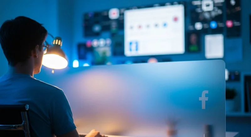 Persona en oficina minimalista con logo de Facebook en cristal