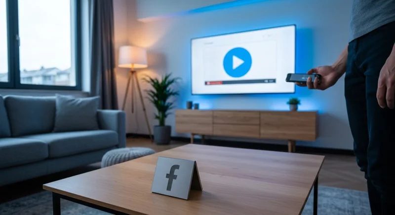 persona en sala moderna sostiene smartphone frente televisor con logo Facebook