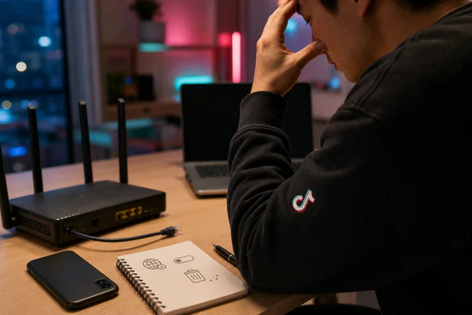 Persona solucionando problema de conexión TikTok con router cable y teléfono