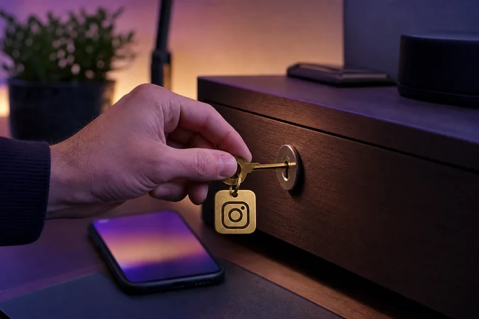 Persona sostiene llave de latón junto a cerradura Instagram brillante