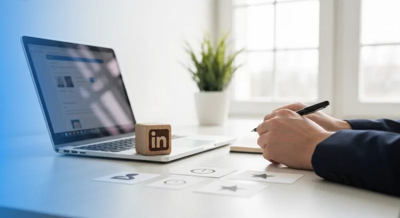 Profesional en escritorio redactando mensajes para LinkedIn con logo