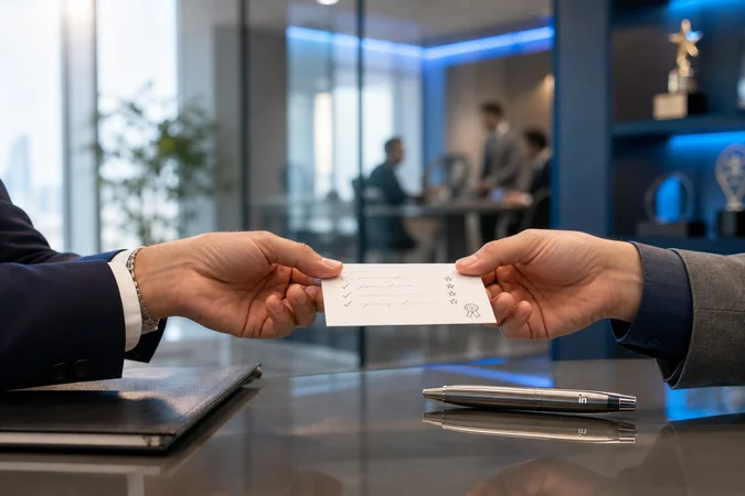 Profesionales intercambian tarjeta de recomendación junto a bolígrafo con logo LinkedIn grabado