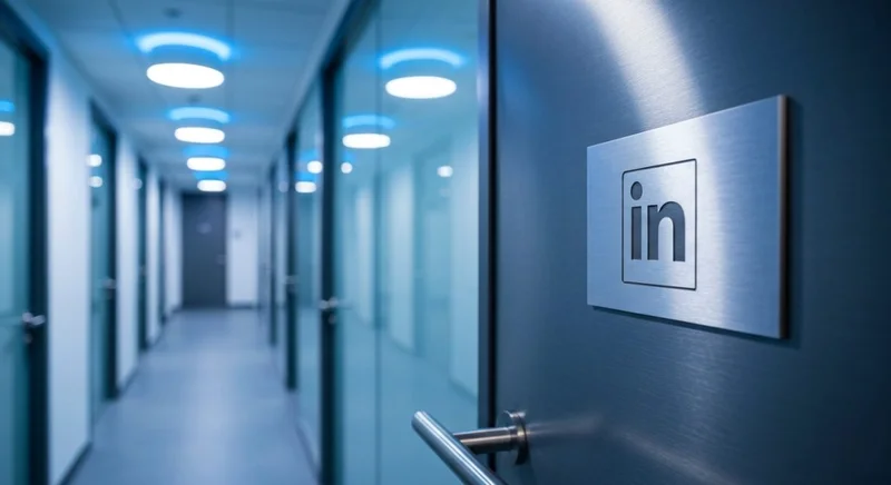 Puerta de oficina moderna con placa de metal logotipo LinkedIn