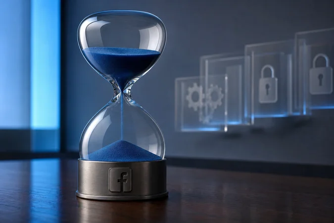 Reloj de arena azul grande con grabado Facebook sobre escritorio