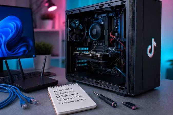 Reparación de computadora Windows 11 con componentes organizados y logo de TikTok