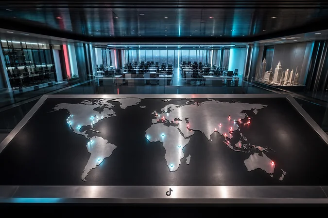 Sala de operaciones globales TikTok con mapa mundial metálico iluminado en oficinas modernas