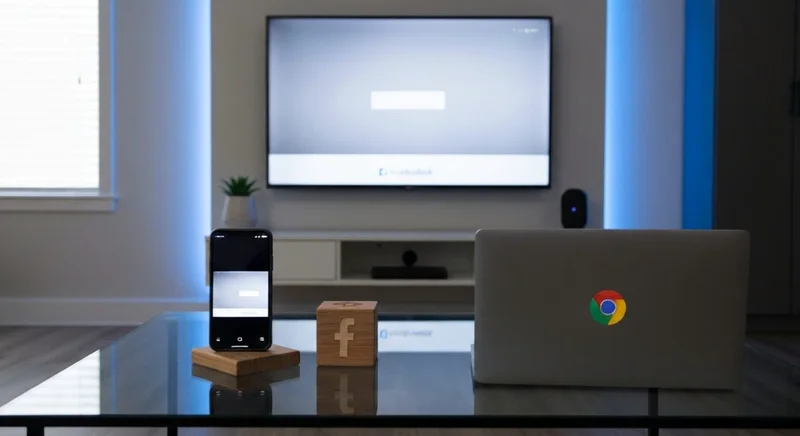 Sala moderna televisor empotrado muestra Facebook Chrome Chromecast tres vías