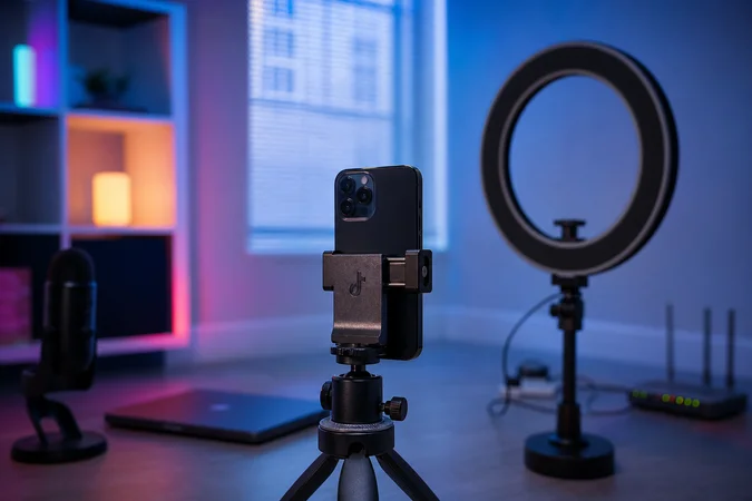 Smartphone moderno en trípode con logo físico de TikTok y aro apagado
