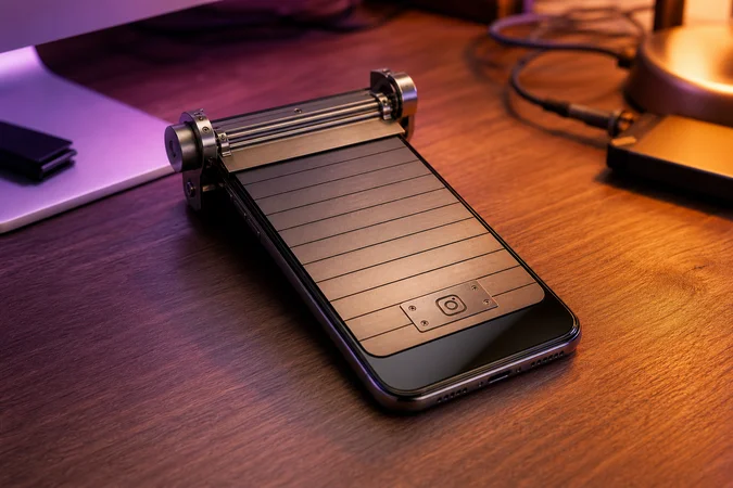 Smartphone sobre escritorio con mecanismo de obturación y logo Instagram